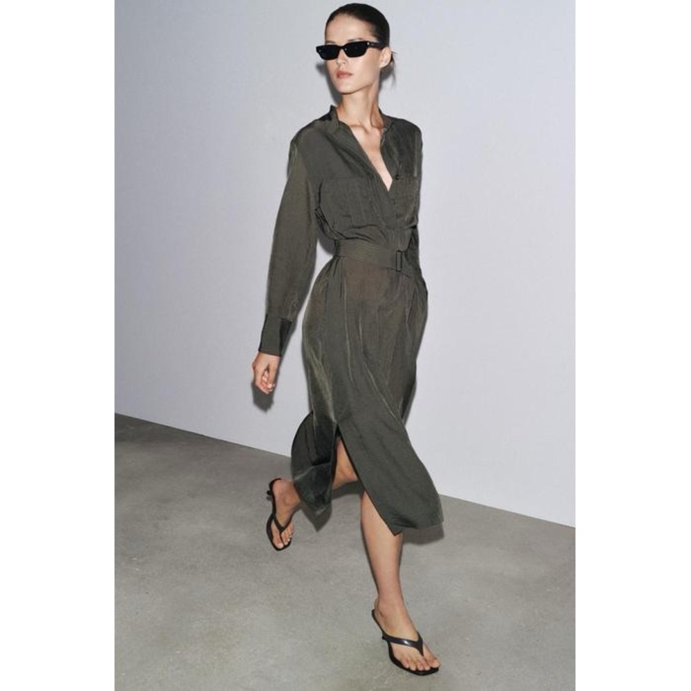 $119❤️ZARA SS25 ZW COLLECTION SHIRT BELTED MID GREEN MIDI DRESS sz S 3337/432